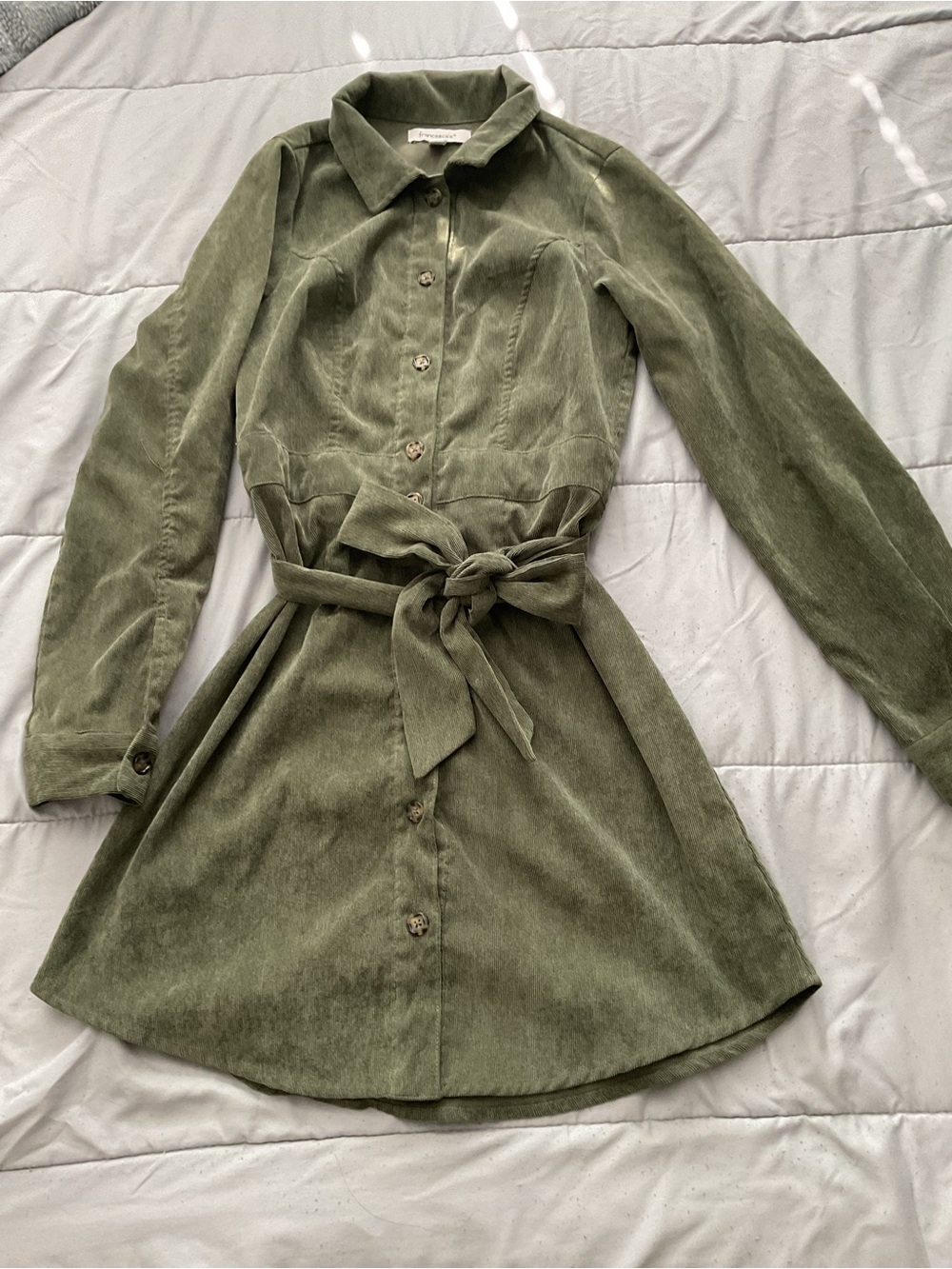 Francesca’s Olive Green Button-Front Shirt Dress with Tie Waist